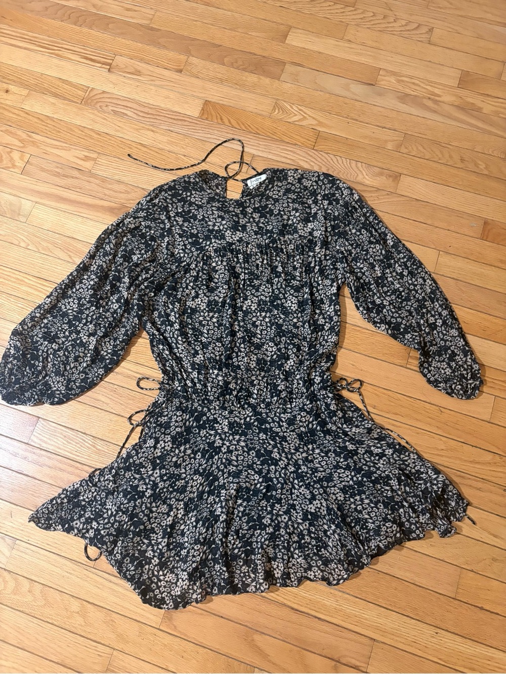 Mini Floral Drop-Waist Dress in Black and Cream - Picture 12 of 15